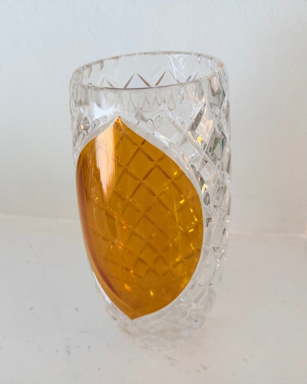 Vintage Julia Poland Lead Crystal Amber Cased Oval Diamond Bohemian Centerpiece